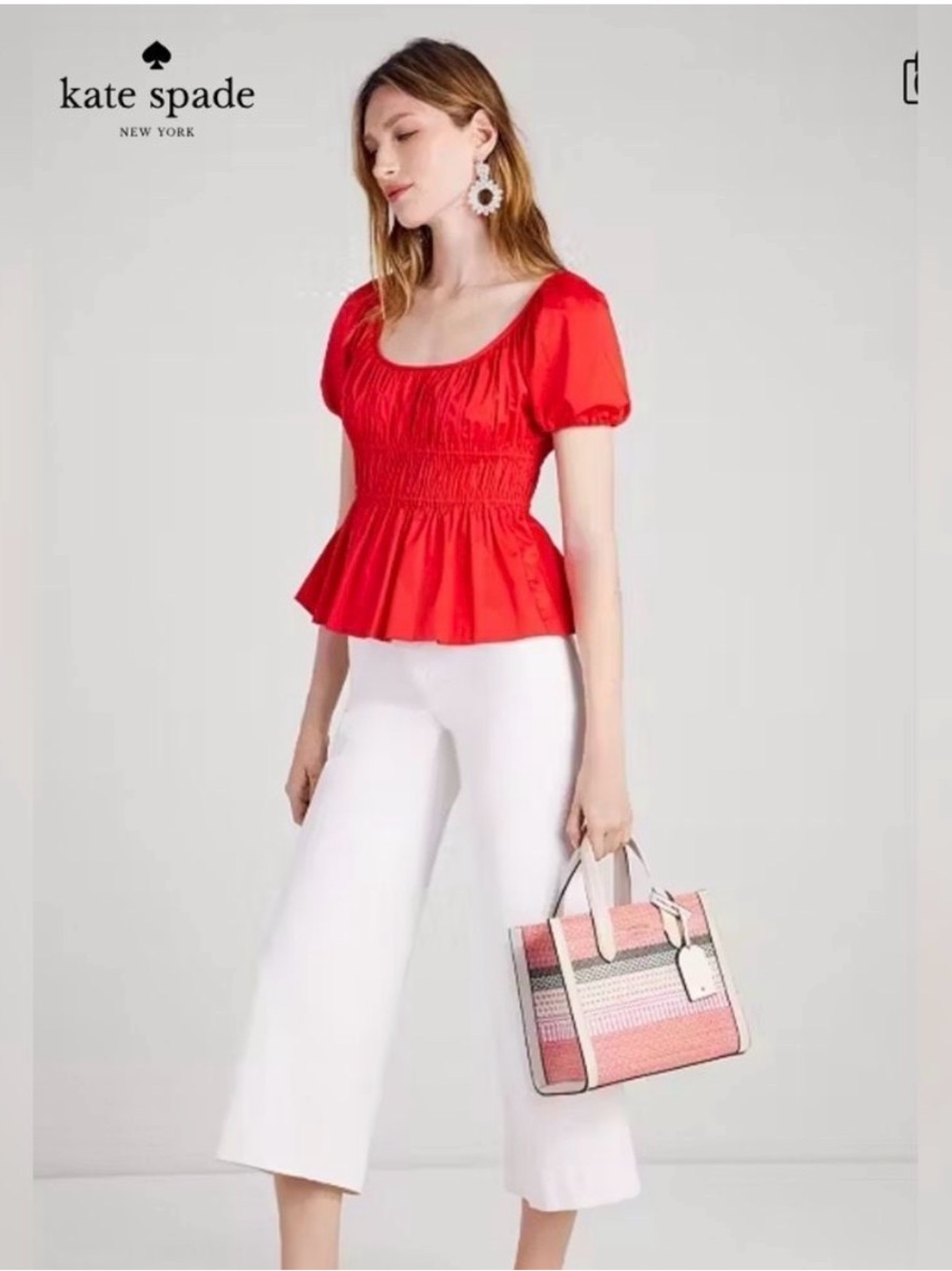 kate spade Red Smocked Puff-Sleeve Peplum Top